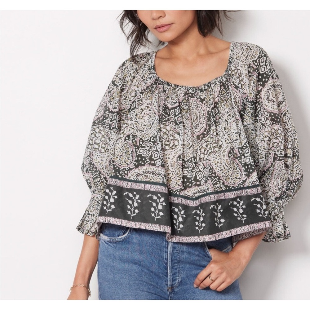 Cleobella Anna Blouse Small Paisley Print Organic Cotton Peasant Top Tie Back